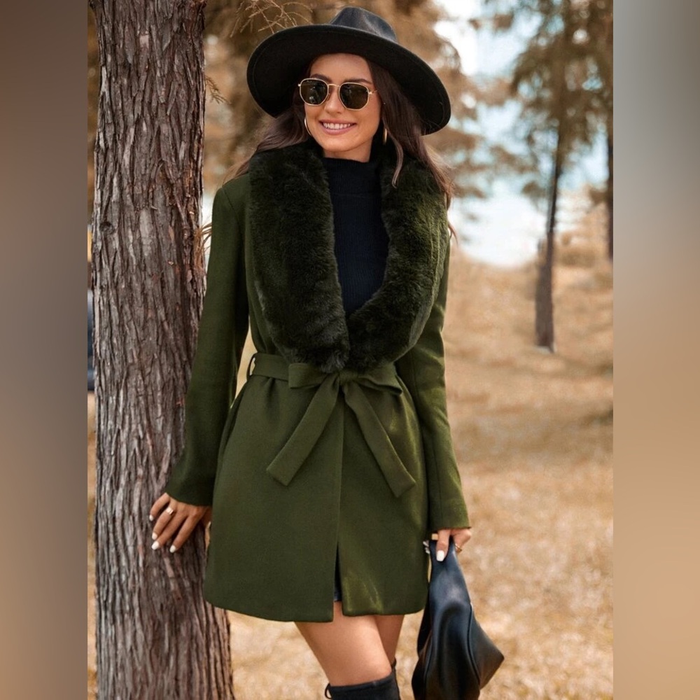 SHEIN LUNE Medium Olive Green Elegant Fuzzy Collar Belted Overcoat - Picture 1 of 12